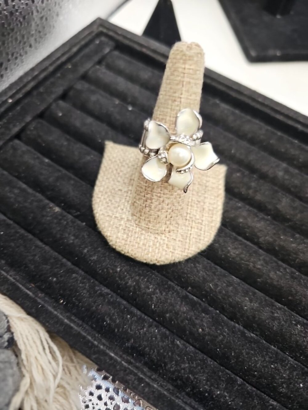 Ring Stretch Silvertone White Enamel Faux Pearl Rhnestones  Colorless Accents